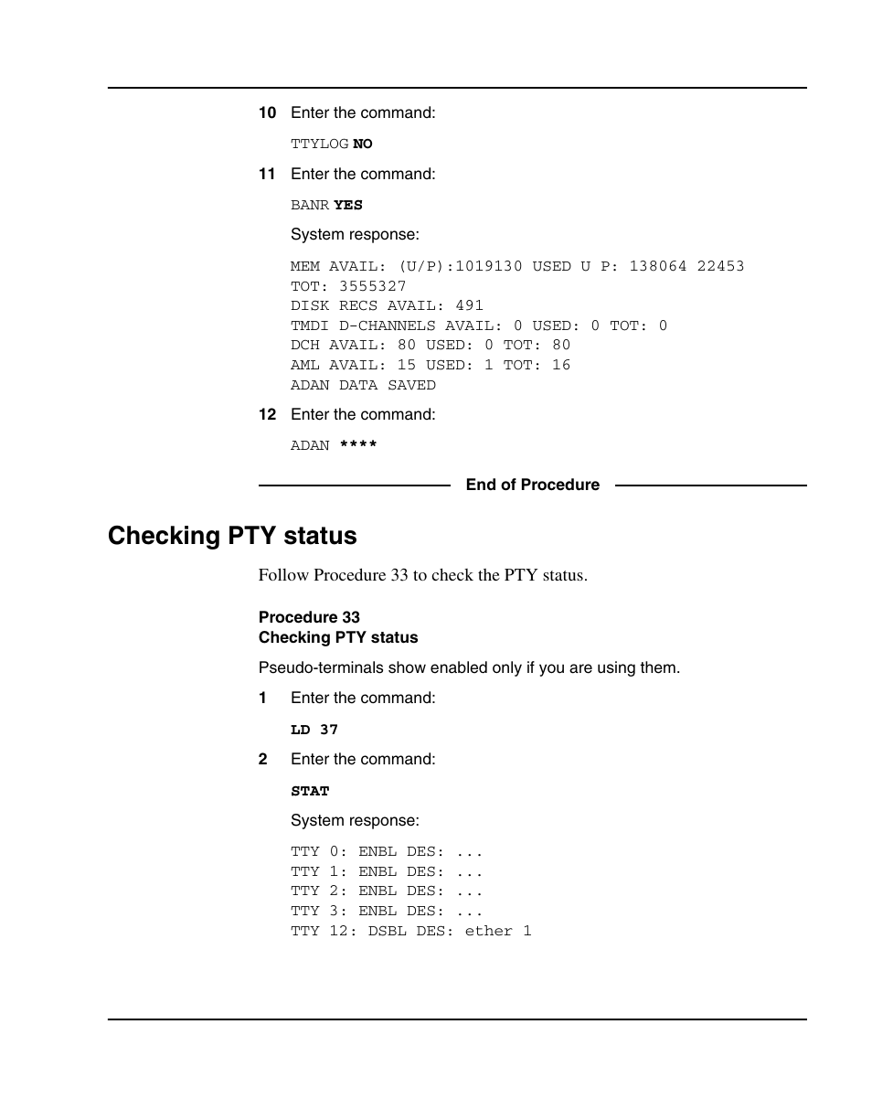 Checking pty status, Procedure 33 checking pty status, Procedure 33: "checking pty status" on | Nortel Networks 1000E User Manual | Page 159 / 468