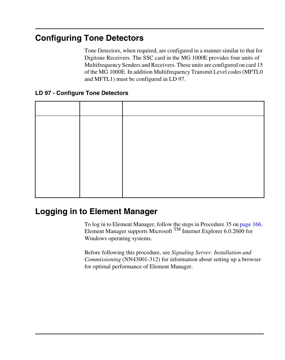 Configuring tone detectors, Logging in to element manager | Nortel Networks 1000E User Manual | Page 165 / 468