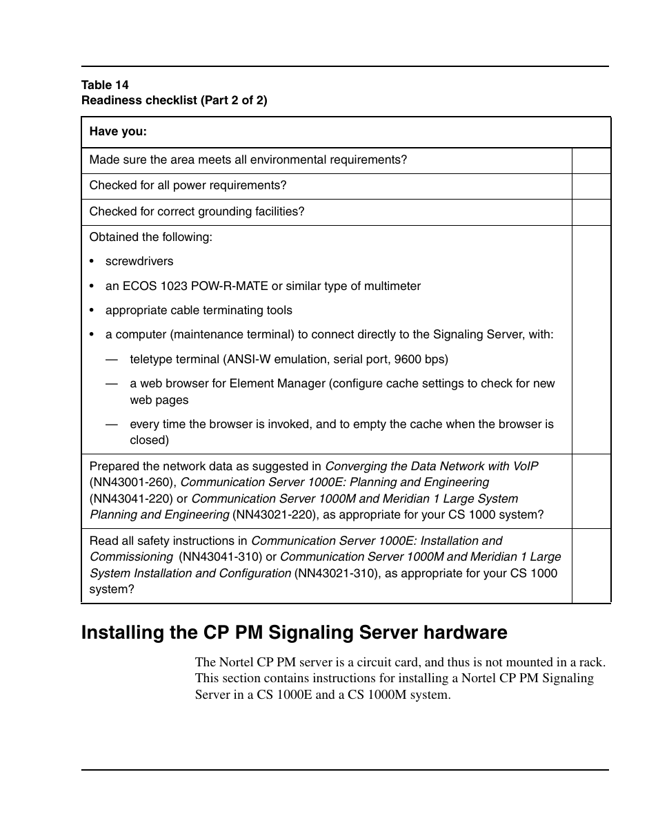 Installing the cp pm signaling server hardware | Nortel Networks 1000E User Manual | Page 177 / 468