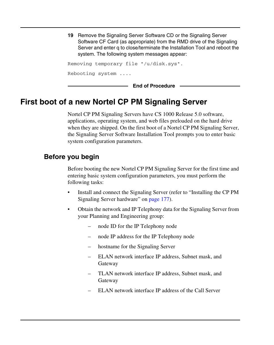 First boot of a new nortel cp pm signaling server, Before you begin | Nortel Networks 1000E User Manual | Page 216 / 468