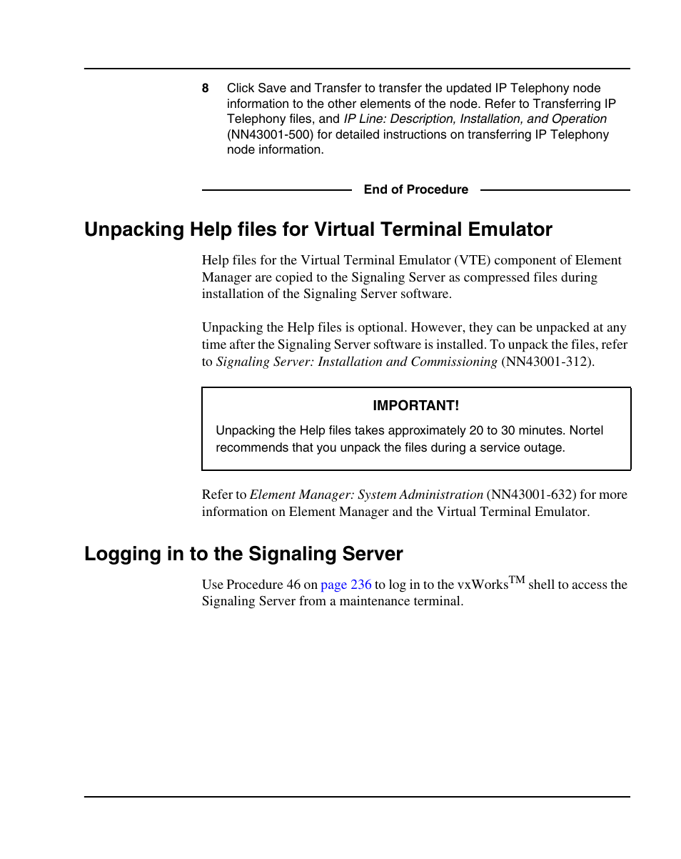 Unpacking help files for virtual terminal emulator, Logging in to the signaling server | Nortel Networks 1000E User Manual | Page 235 / 468