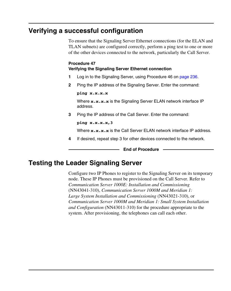 Verifying a successful configuration, Testing the leader signaling server | Nortel Networks 1000E User Manual | Page 237 / 468