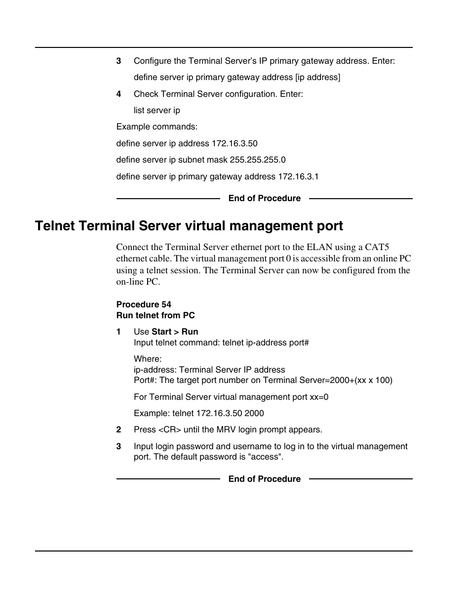 Telnet terminal server virtual management port, Procedure 54 run telnet from pc, Procedure 54: "run telnet from pc" on | Nortel Networks 1000E User Manual | Page 256 / 468