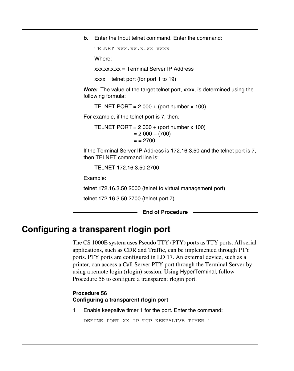 Configuring a transparent rlogin port, Procedure 56 configuring a transparent rlogin port | Nortel Networks 1000E User Manual | Page 258 / 468