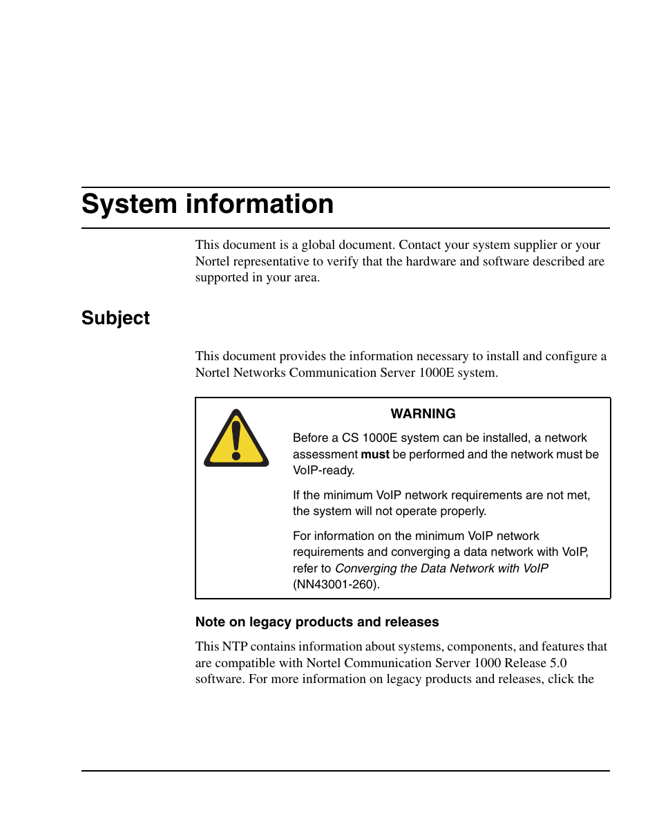 System information, Subject | Nortel Networks 1000E User Manual | Page 27 / 468