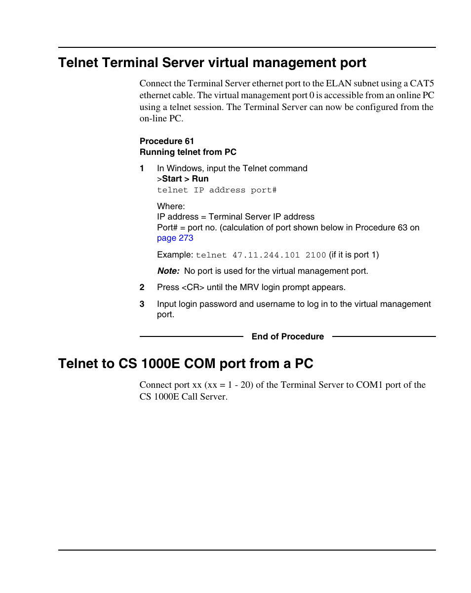 Telnet terminal server virtual management port, Telnet to cs 1000e com port from a pc, Procedure 61 running telnet from pc | Procedure 61: "running telnet from pc" on | Nortel Networks 1000E User Manual | Page 271 / 468