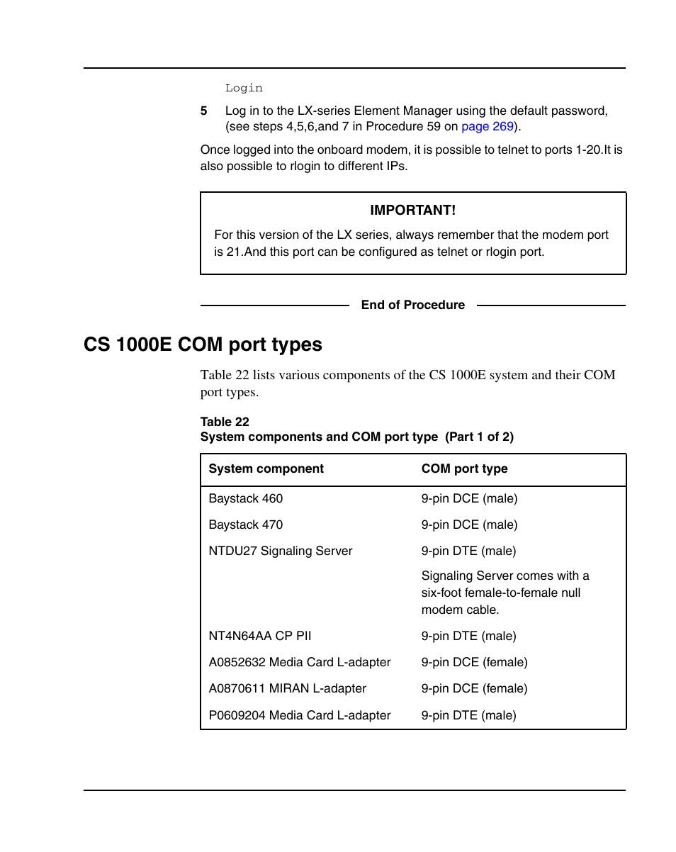 Cs 1000e com port types | Nortel Networks 1000E User Manual | Page 277 / 468