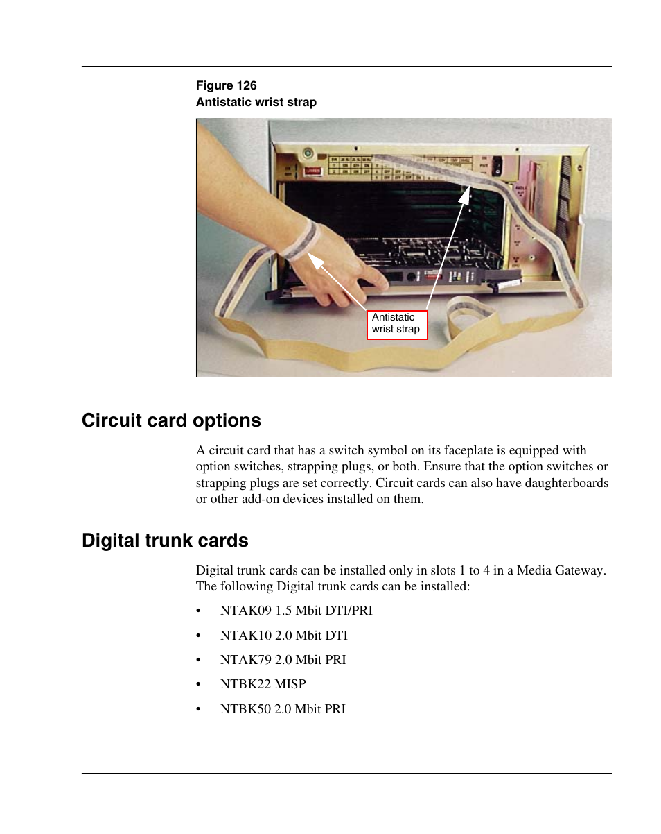 Circuit card options, Digital trunk cards, Figure 126 on | When | Nortel Networks 1000E User Manual | Page 291 / 468