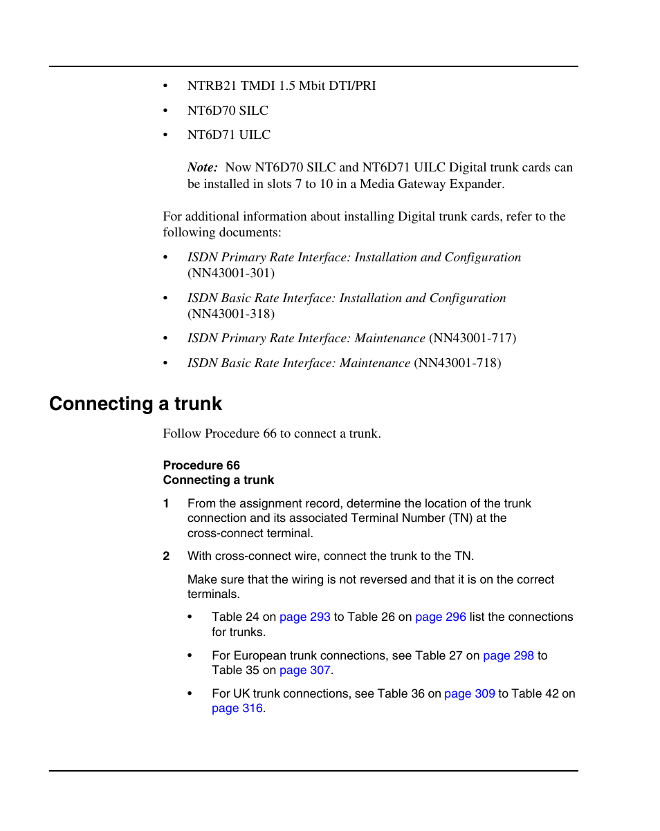 Connecting a trunk, Procedure 66 connecting a trunk | Nortel Networks 1000E User Manual | Page 292 / 468