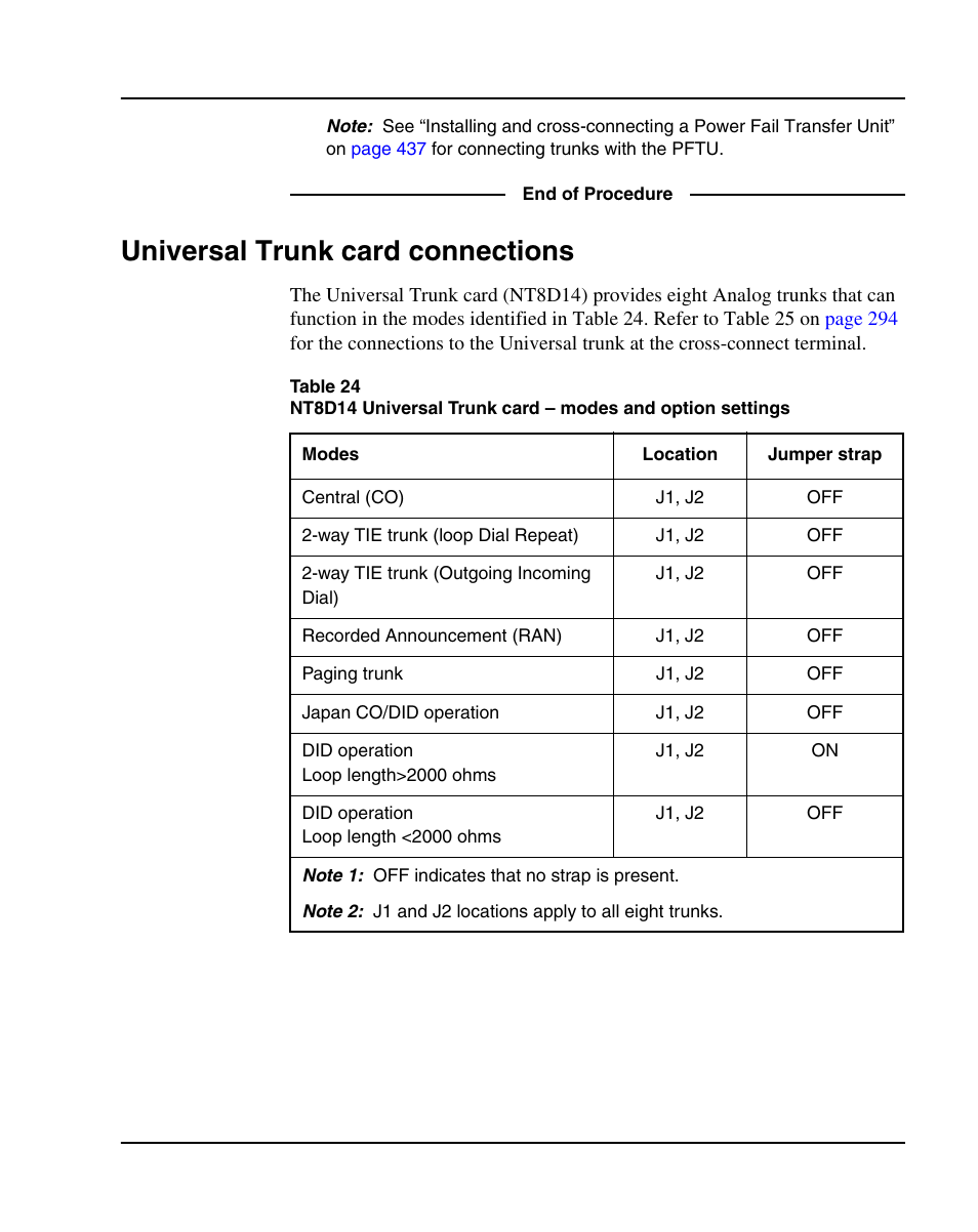 Universal trunk card connections, Table 24 on | Nortel Networks 1000E User Manual | Page 293 / 468
