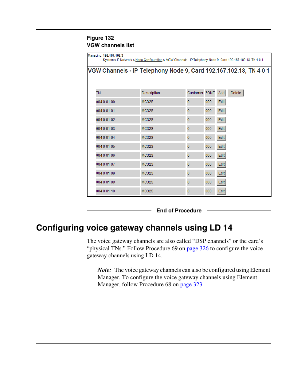 Configuring voice gateway channels using ld 14, E figure 132 on | Nortel Networks 1000E User Manual | Page 325 / 468