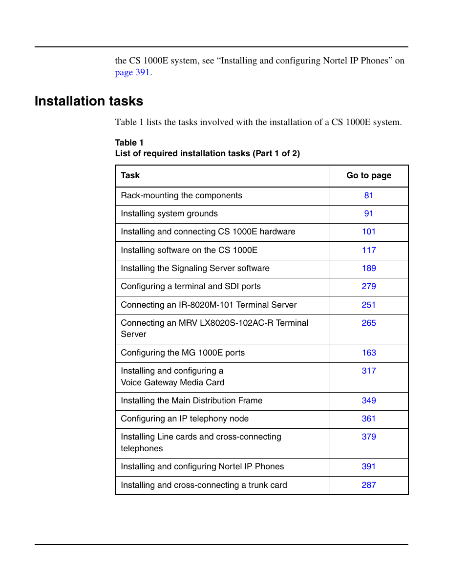 Installation tasks | Nortel Networks 1000E User Manual | Page 36 / 468
