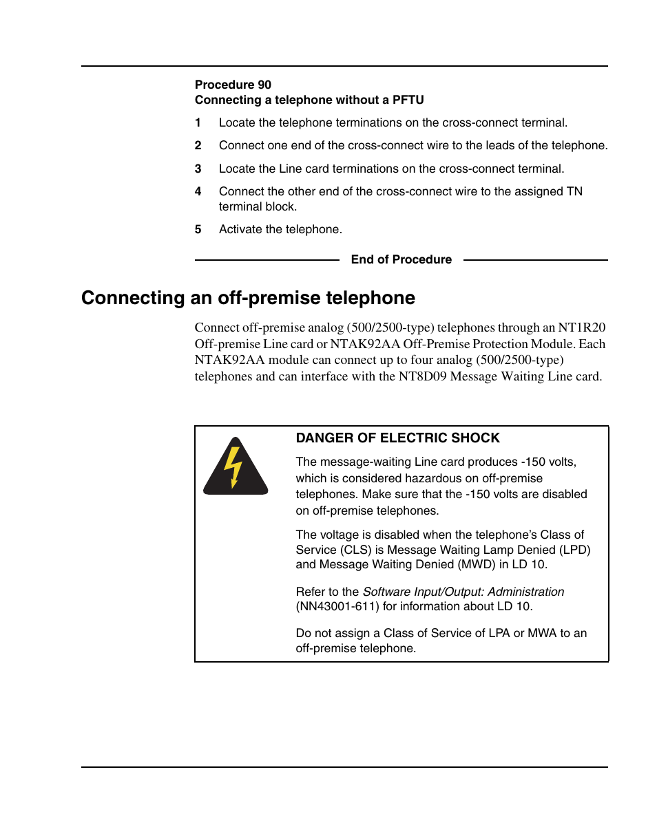 Connecting an off-premise telephone, Procedure 90 connecting a telephone without a pftu | Nortel Networks 1000E User Manual | Page 385 / 468