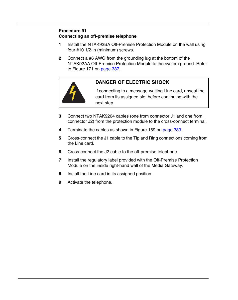 Procedure 91 connecting an off-premise telephone | Nortel Networks 1000E User Manual | Page 386 / 468