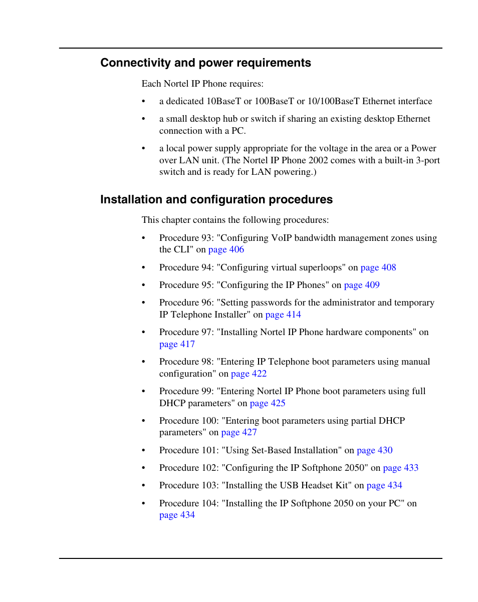 Connectivity and power requirements, Installation and configuration procedures | Nortel Networks 1000E User Manual | Page 405 / 468