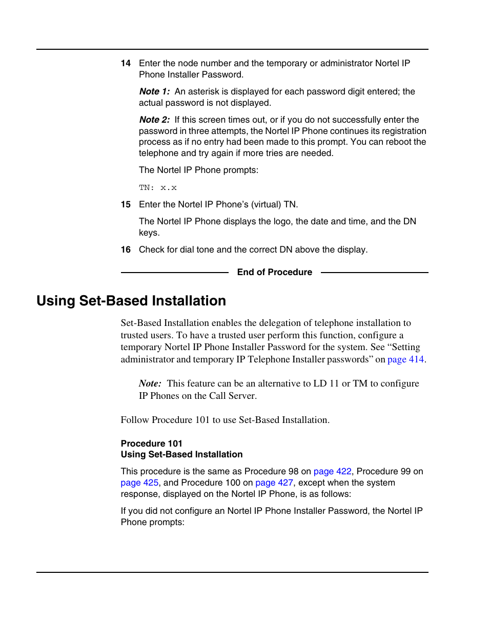 Using set-based installation, Procedure 101 using set-based installation, Using set-based installation” on | Procedure 101: "using set-based installation" on, Step 16 | Nortel Networks 1000E User Manual | Page 430 / 468