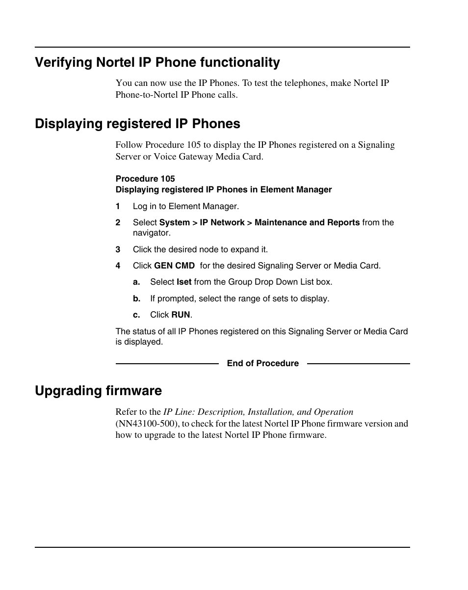 Verifying nortel ip phone functionality, Displaying registered ip phones, Upgrading firmware | Nortel Networks 1000E User Manual | Page 436 / 468