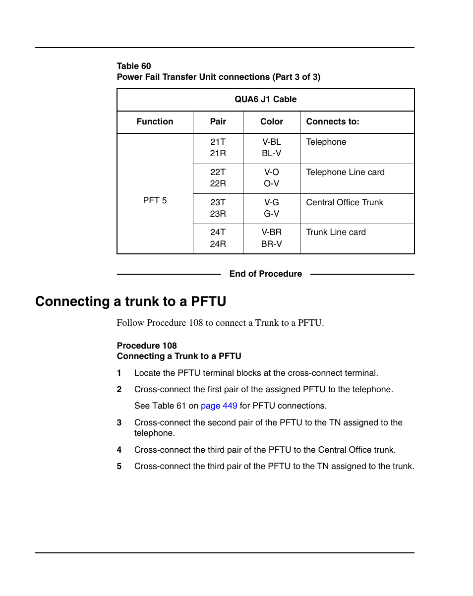 Connecting a trunk to a pftu, Procedure 108 connecting a trunk to a pftu, Procedure 108: "connecting a trunk to a pftu" on | Nortel Networks 1000E User Manual | Page 448 / 468