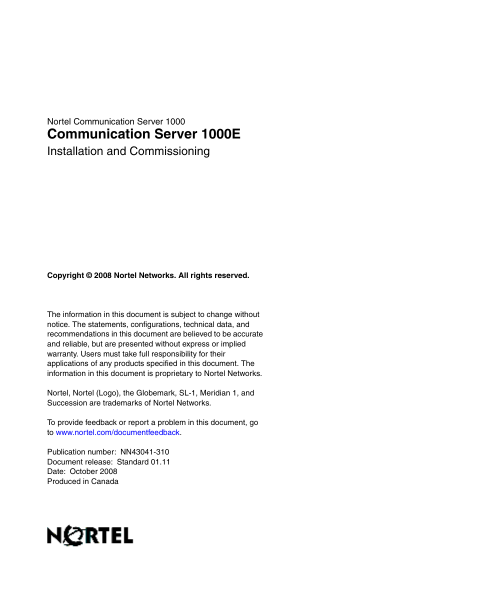 Communication server 1000e, Installation and commissioning | Nortel Networks 1000E User Manual | Page 468 / 468