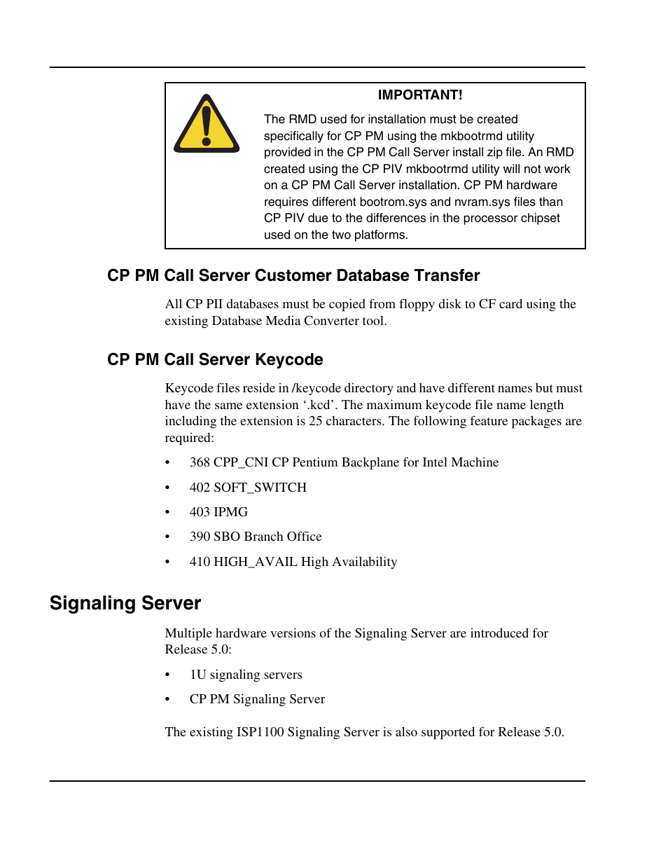 Cp pm call server customer database transfer, Cp pm call server keycode, Signaling server | Cp pm signaling servers | Nortel Networks 1000E User Manual | Page 52 / 468