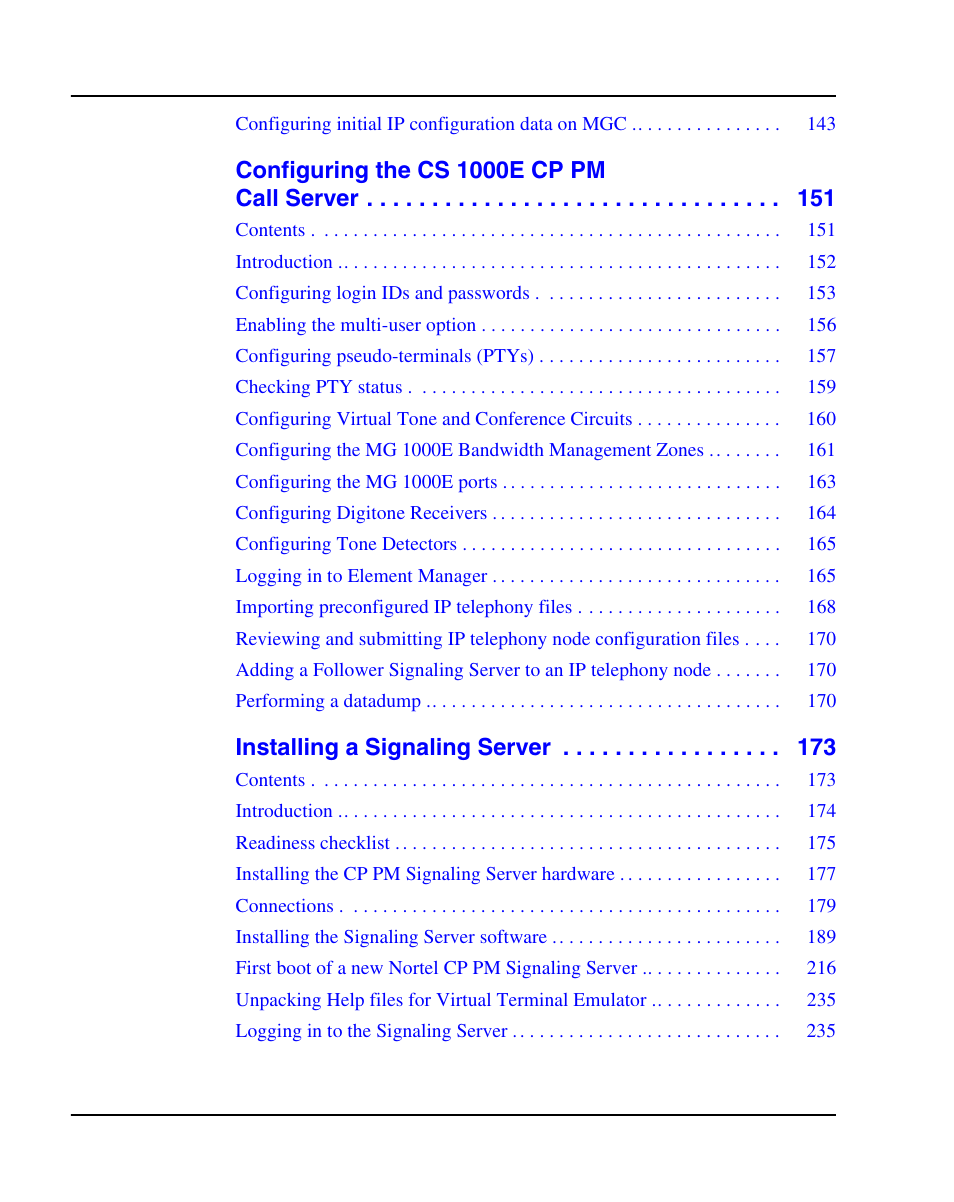 Configuring the cs 1000e cp pm call server, Installing a signaling server | Nortel Networks 1000E User Manual | Page 6 / 468