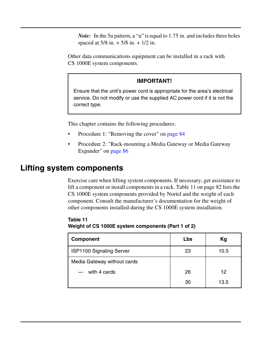 Lifting system components | Nortel Networks 1000E User Manual | Page 82 / 468