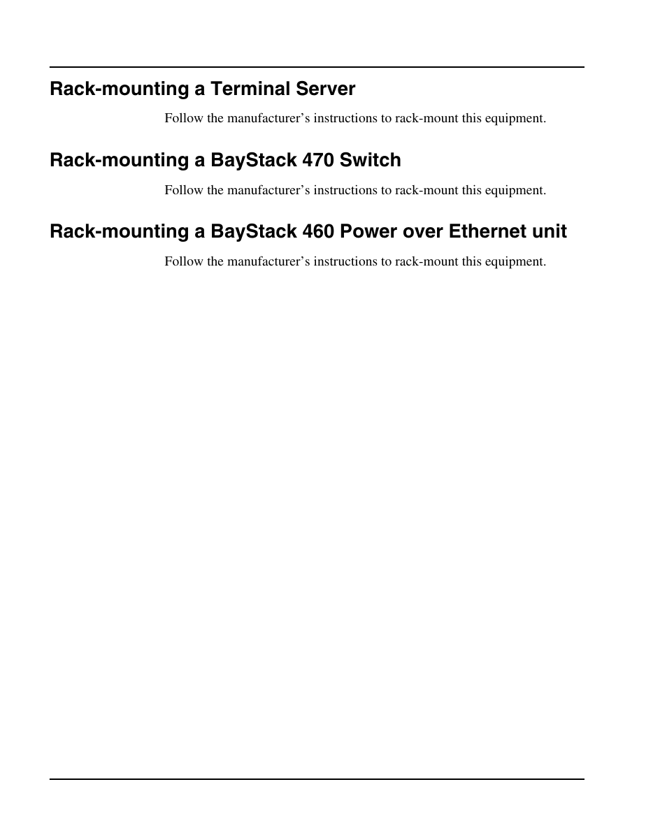 Rack-mounting a terminal server, Rack-mounting a baystack 470 switch | Nortel Networks 1000E User Manual | Page 90 / 468