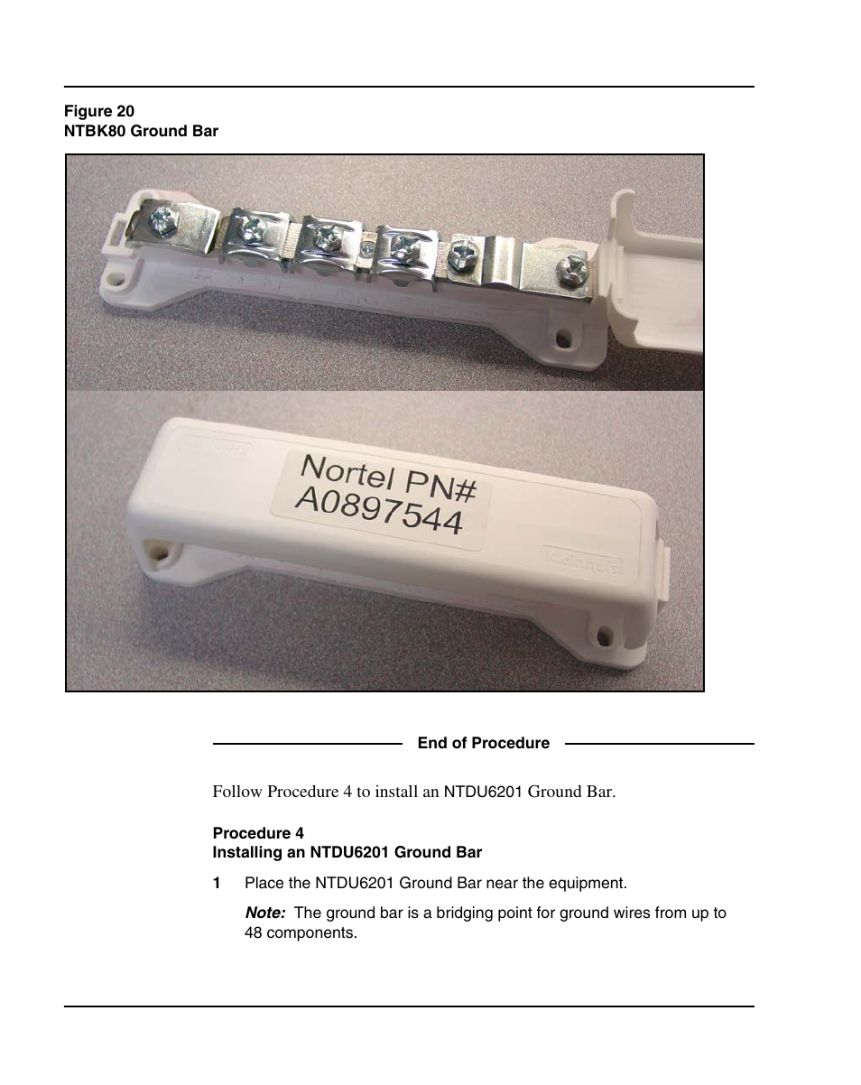 Procedure 4 installing an ntdu6201 ground bar, Figure 20 on | Nortel Networks 1000E User Manual | Page 94 / 468