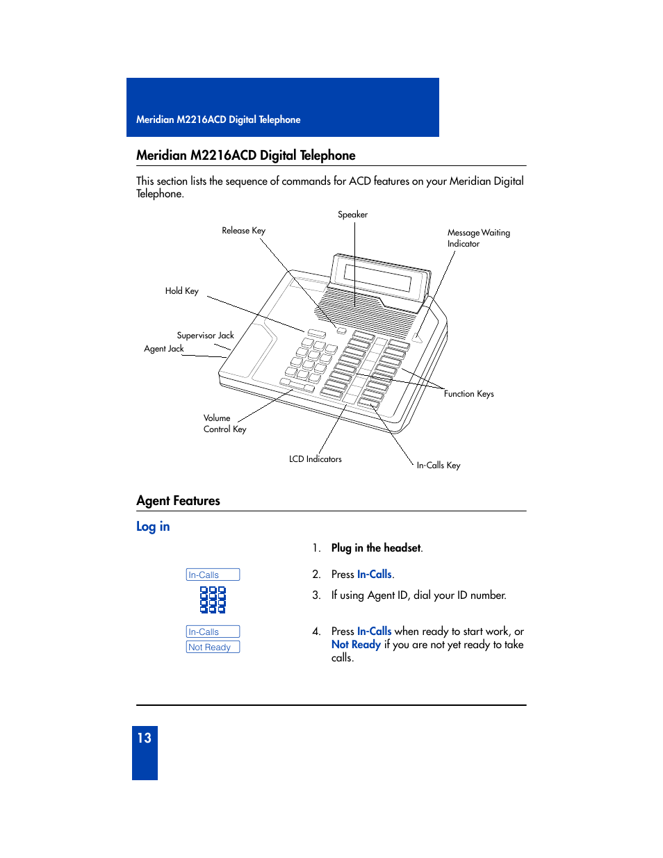 Meridian m2216acd digital telephone, Agent features, Agent features log in | Nortel Networks M2216ACD User Manual | Page 14 / 24