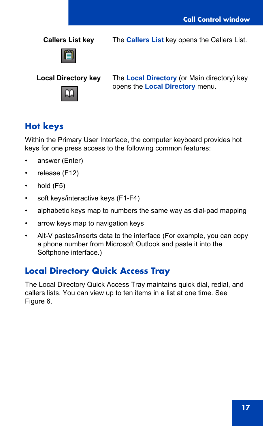 Hot keys, Local directory quick access tray | Nortel Networks 2050 User Manual | Page 17 / 46