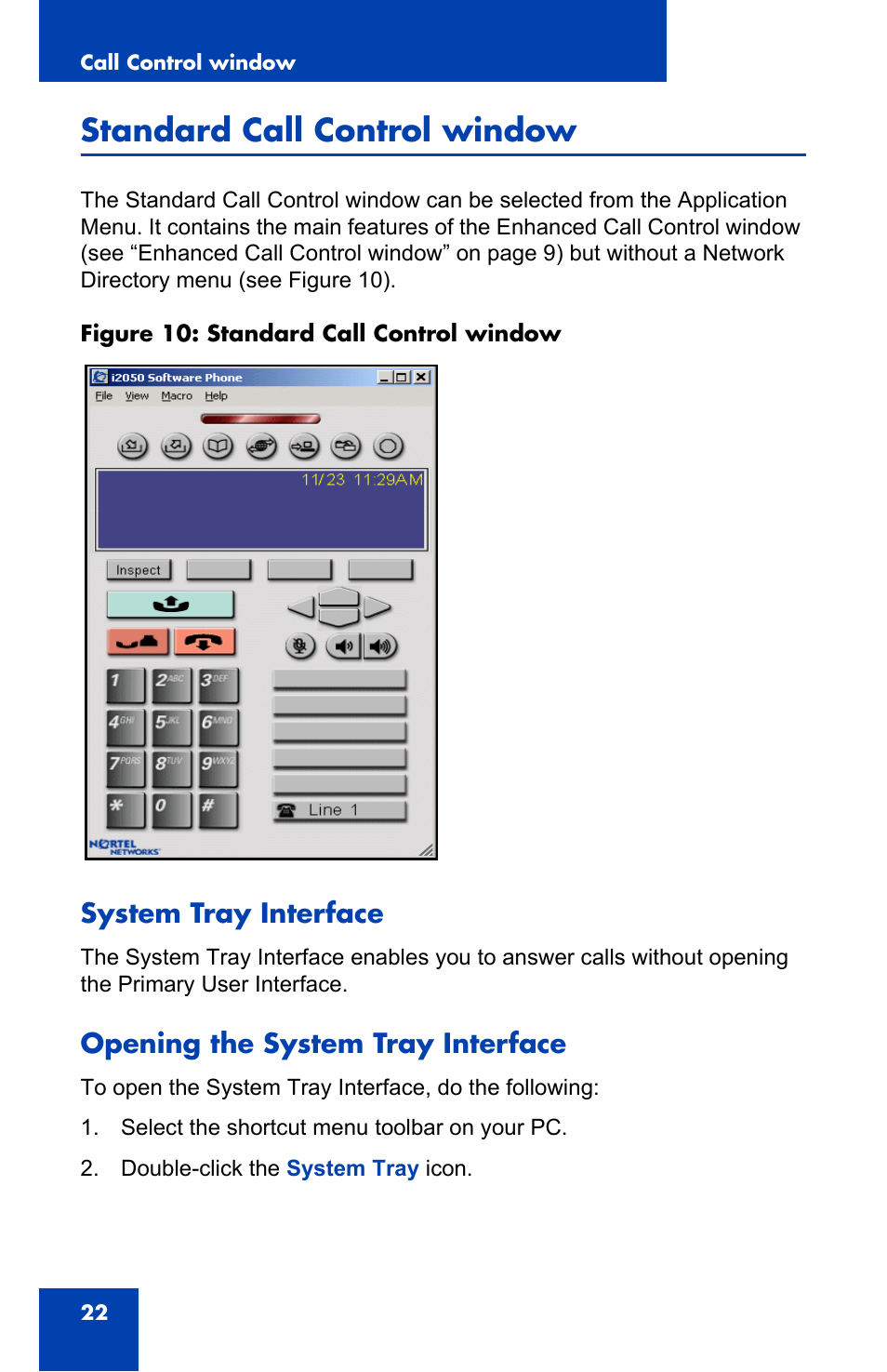 Standard call control window, System tray interface, Opening the system tray interface | Nortel Networks 2050 User Manual | Page 22 / 46