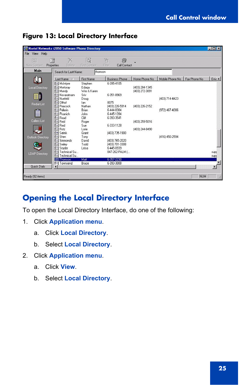 Opening the local directory interface | Nortel Networks 2050 User Manual | Page 25 / 46