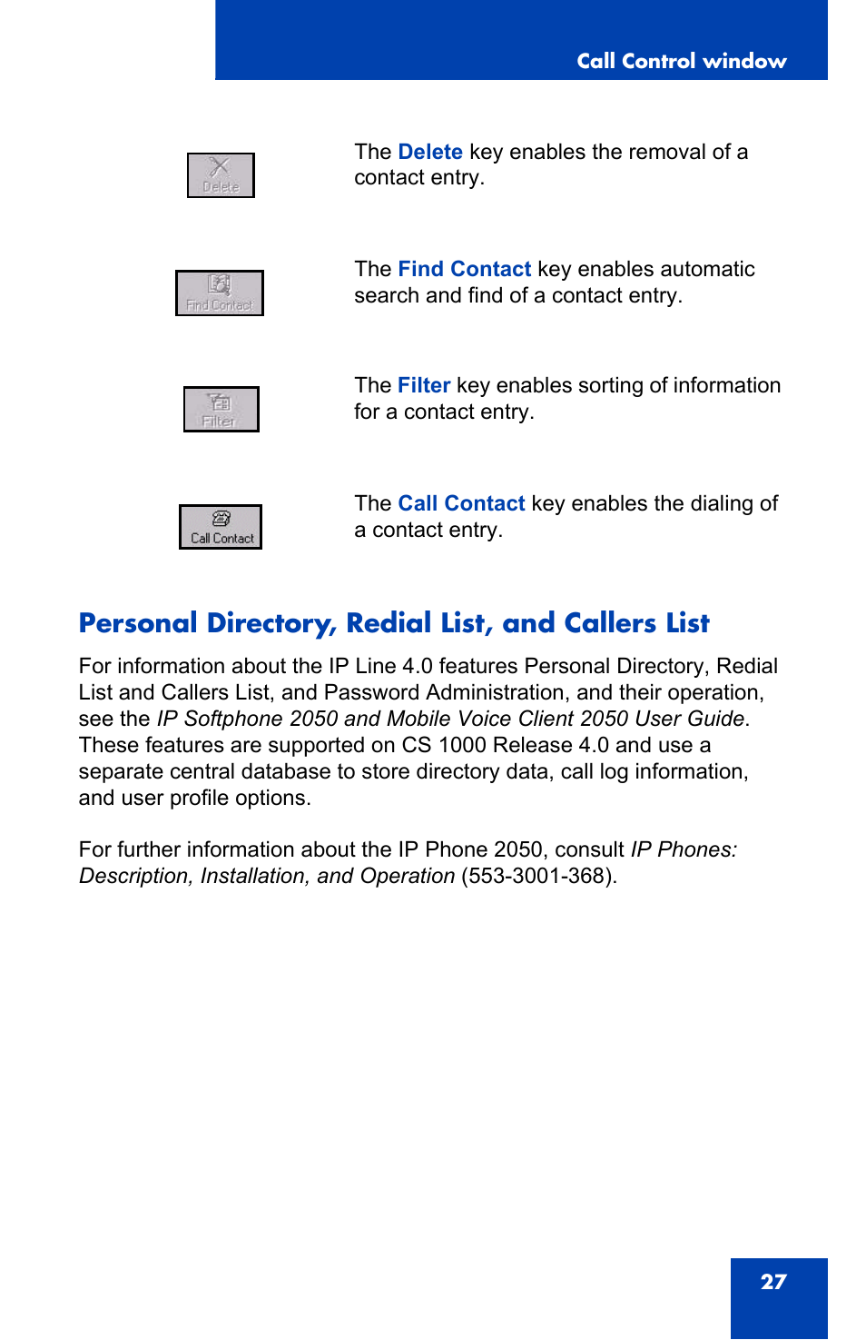 Personal directory, redial list, and callers list | Nortel Networks 2050 User Manual | Page 27 / 46