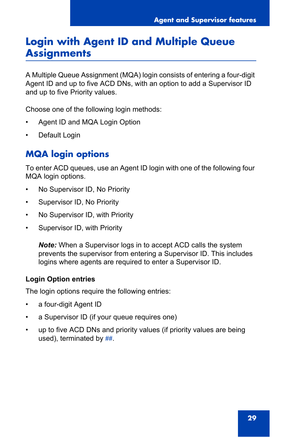 Login with agent id and multiple queue assignments, Mqa login options | Nortel Networks 2050 User Manual | Page 29 / 46