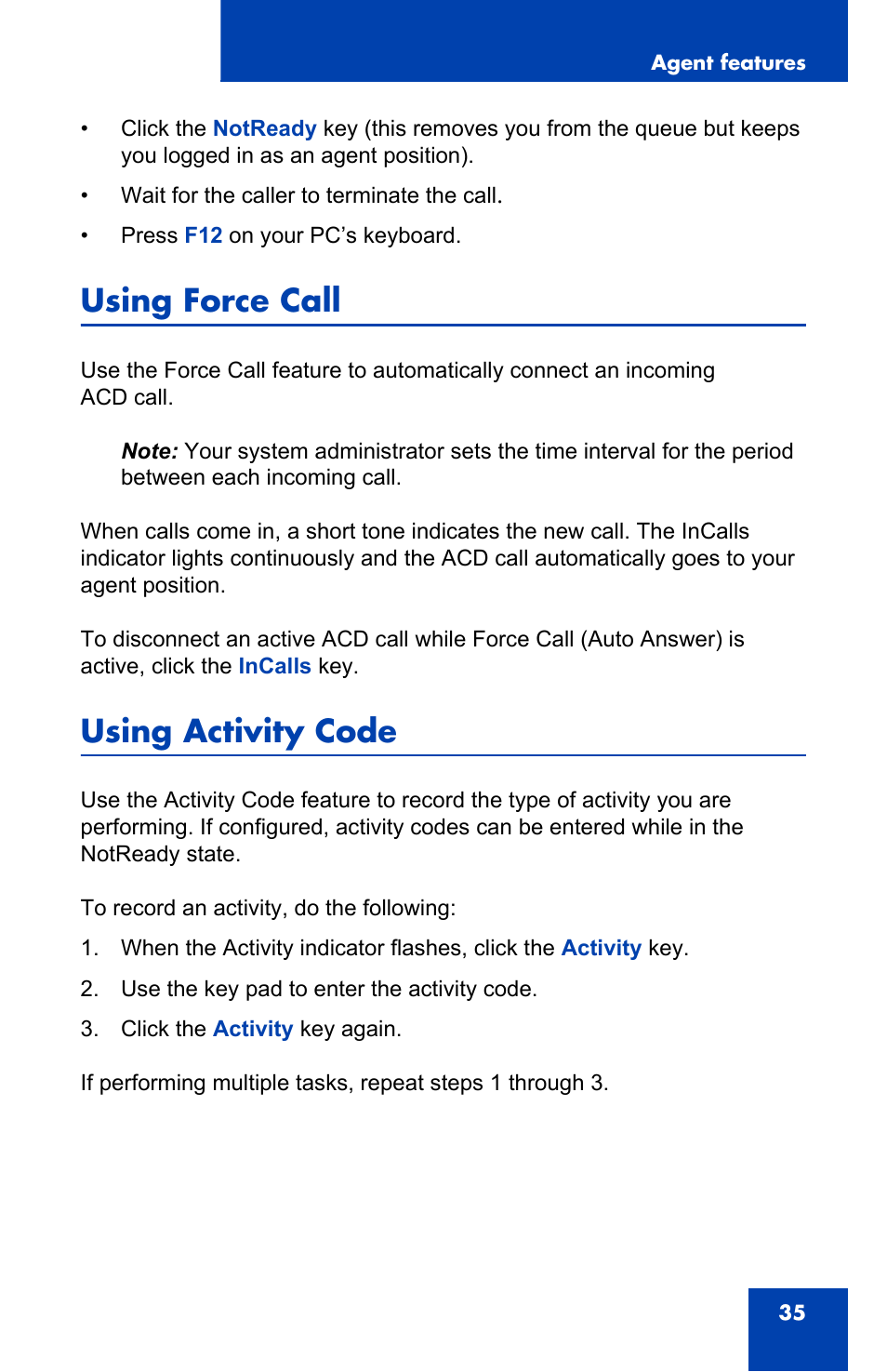 Using force call, Using activity code | Nortel Networks 2050 User Manual | Page 35 / 46