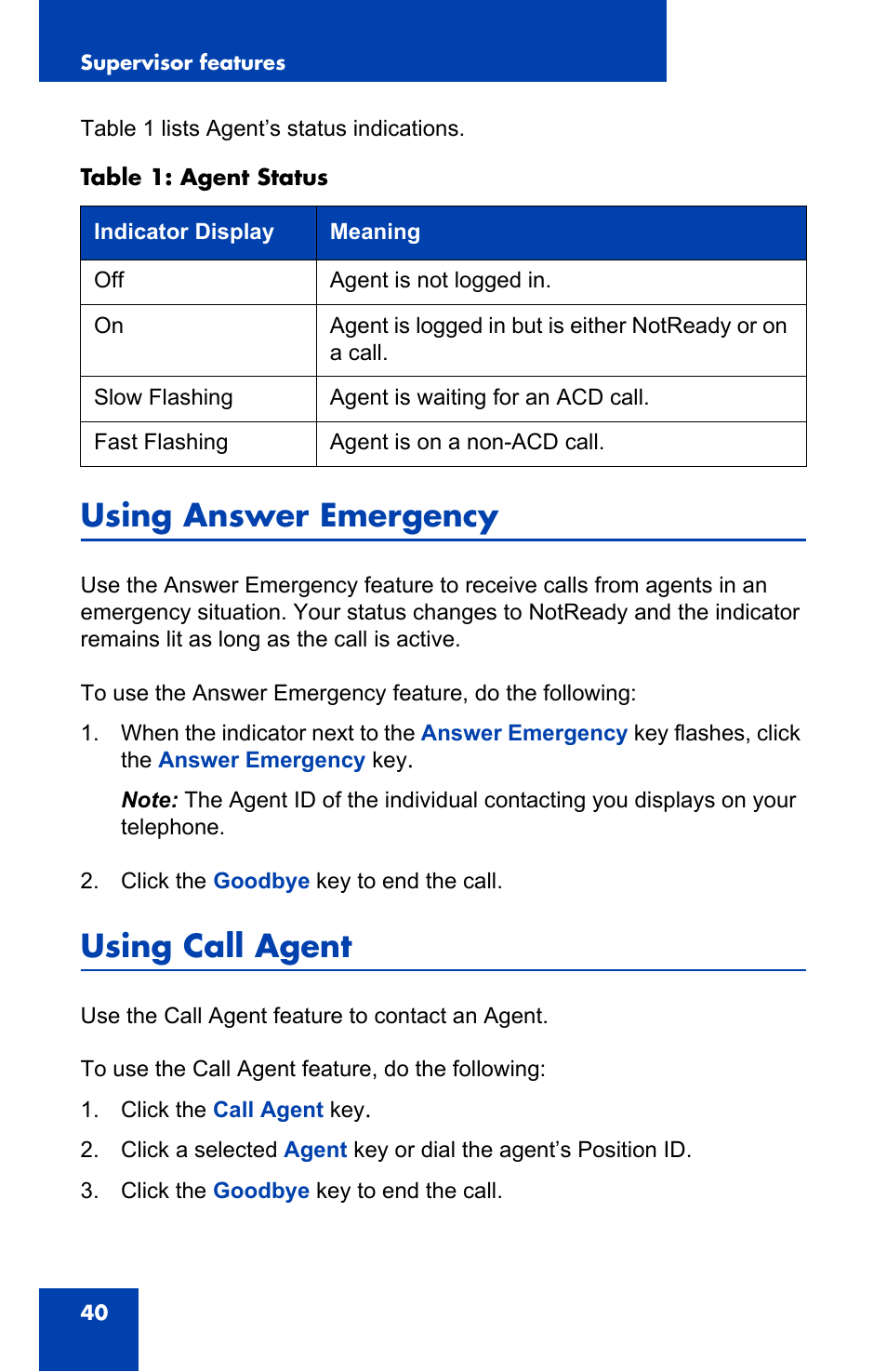 Using answer emergency, Using call agent | Nortel Networks 2050 User Manual | Page 40 / 46