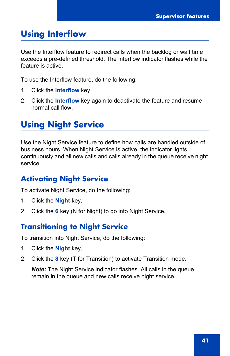 Using interflow, Using night service, Activating night service | Transitioning to night service | Nortel Networks 2050 User Manual | Page 41 / 46
