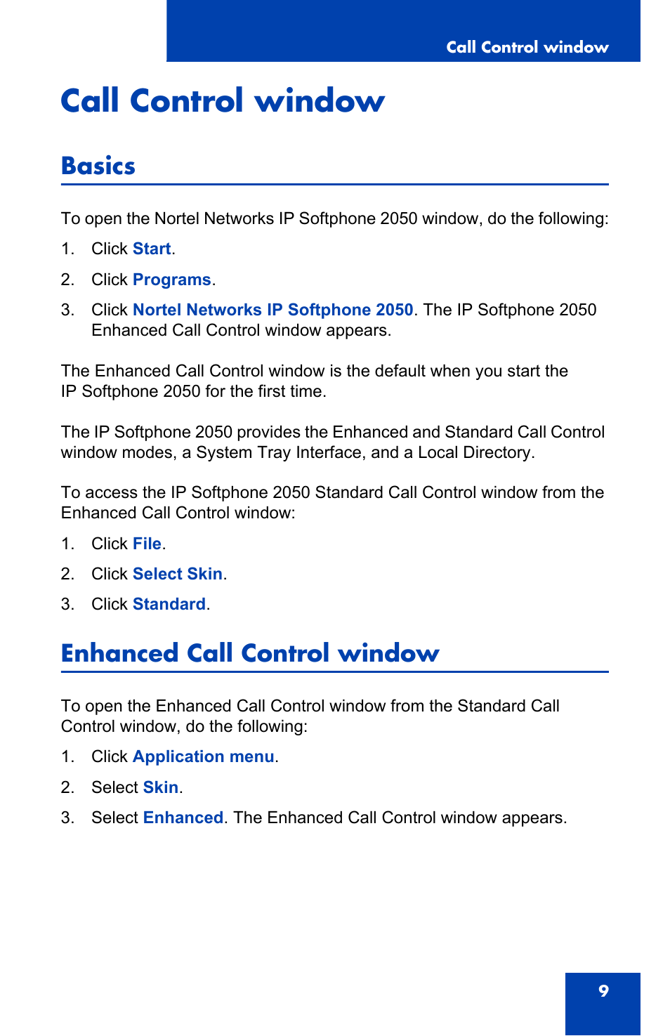 Call control window, Basics, Enhanced call control window | Nortel Networks 2050 User Manual | Page 9 / 46