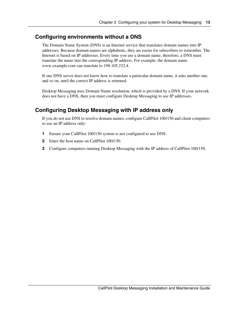 Configuring environments without a dns, Configuring desktop messaging with ip address only | Nortel Networks CallPilot 100 User Manual | Page 13 / 68
