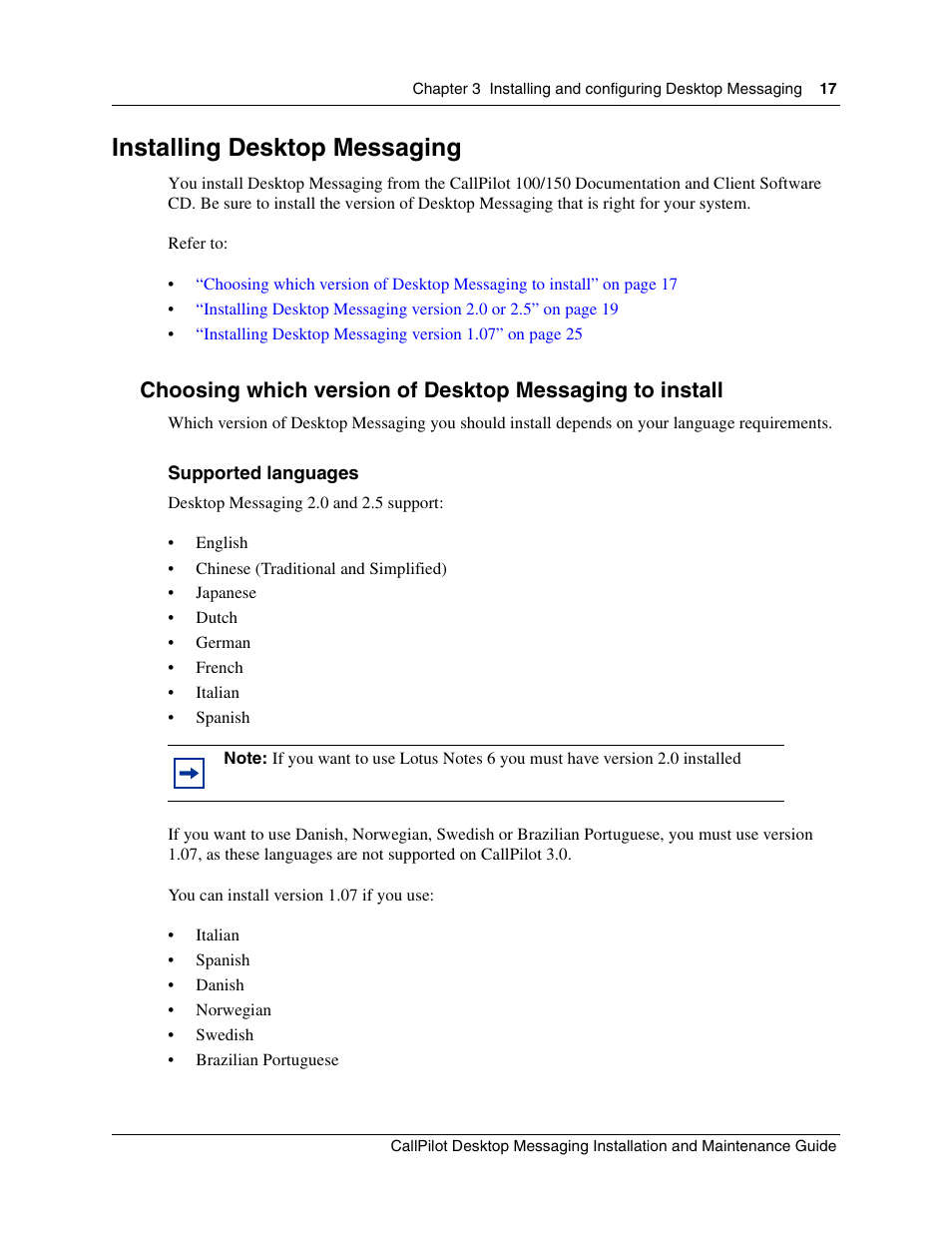Installing desktop messaging, Supported languages | Nortel Networks CallPilot 100 User Manual | Page 17 / 68