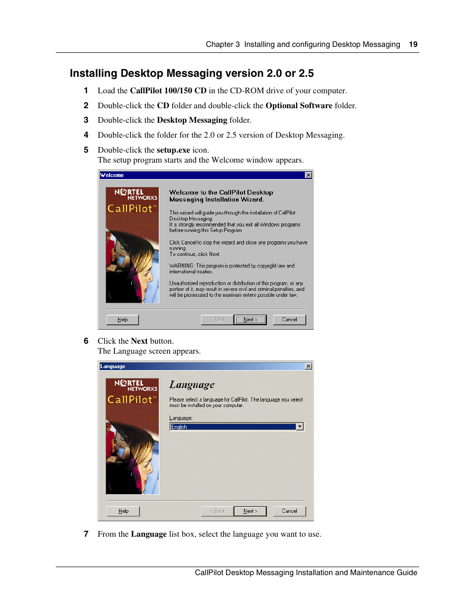 Installing desktop messaging version 2.0 or 2.5 | Nortel Networks CallPilot 100 User Manual | Page 19 / 68