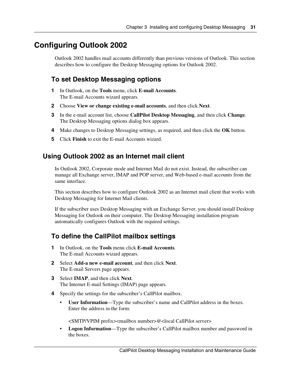 Configuring outlook 2002, Using outlook 2002 as an internet mail client | Nortel Networks CallPilot 100 User Manual | Page 31 / 68