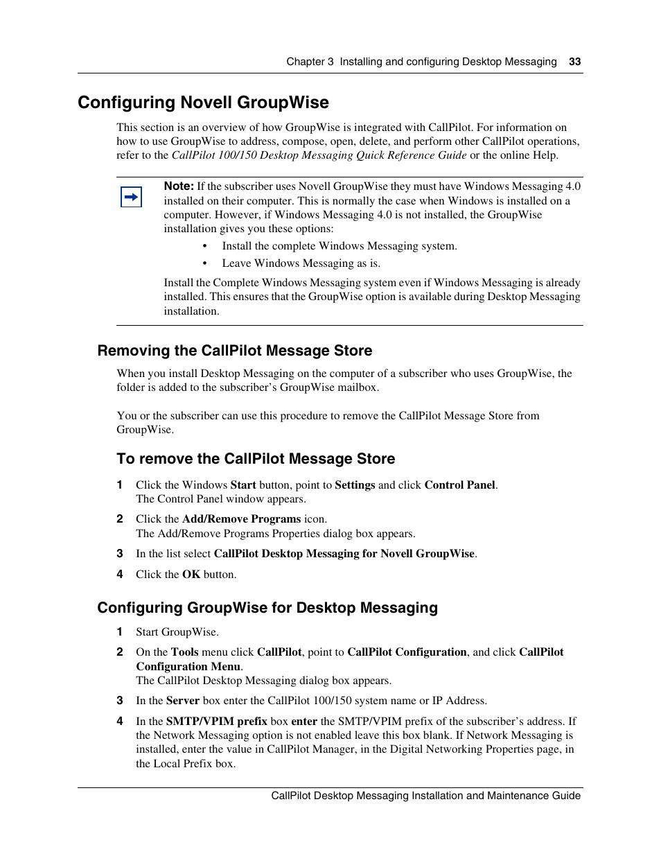 Configuring novell groupwise, Removing the callpilot message store, Configuring groupwise for desktop messaging | Nortel Networks CallPilot 100 User Manual | Page 33 / 68
