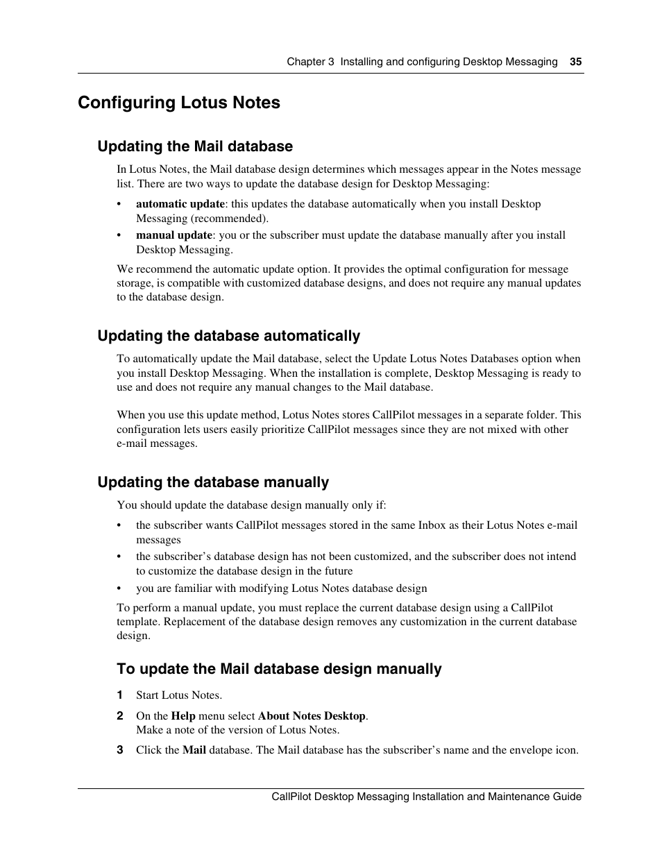 Configuring lotus notes, Updating the mail database, Updating the database automatically | Updating the database manually | Nortel Networks CallPilot 100 User Manual | Page 35 / 68