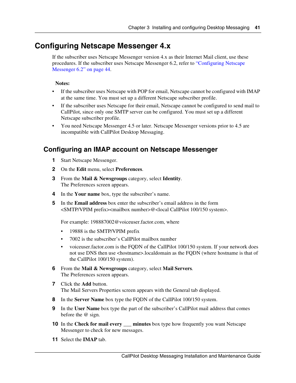 Configuring netscape messenger 4.x, Configuring an imap account on netscape messenger | Nortel Networks CallPilot 100 User Manual | Page 41 / 68