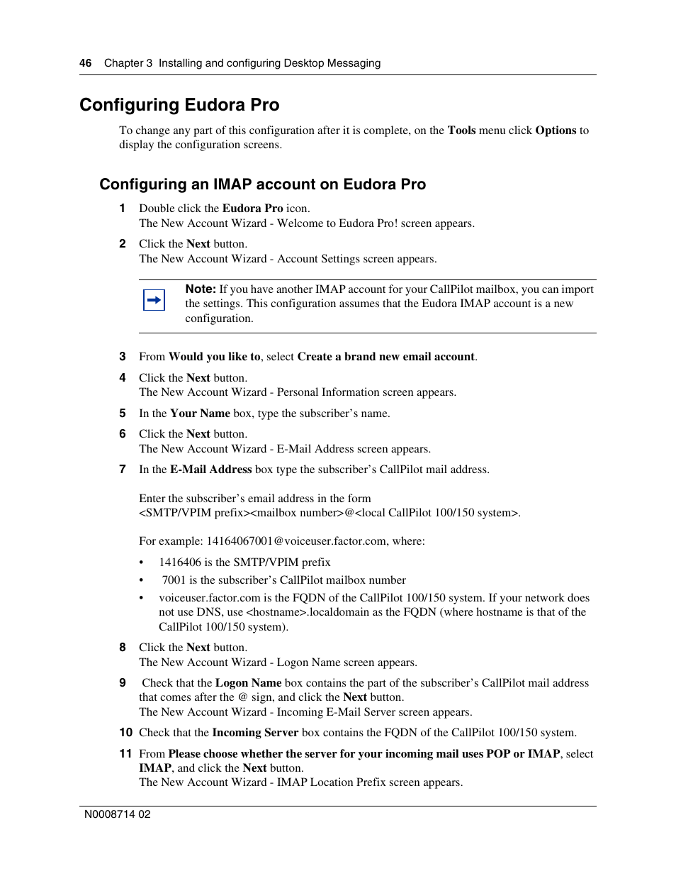 Configuring eudora pro, Configuring an imap account on eudora pro | Nortel Networks CallPilot 100 User Manual | Page 46 / 68
