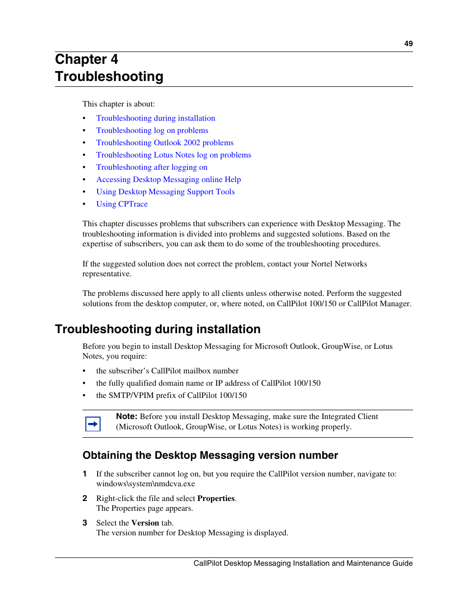 Chapter 4, Troubleshooting, Troubleshooting during installation | Chapter 4 troubleshooting, Obtaining the desktop messaging version number | Nortel Networks CallPilot 100 User Manual | Page 49 / 68