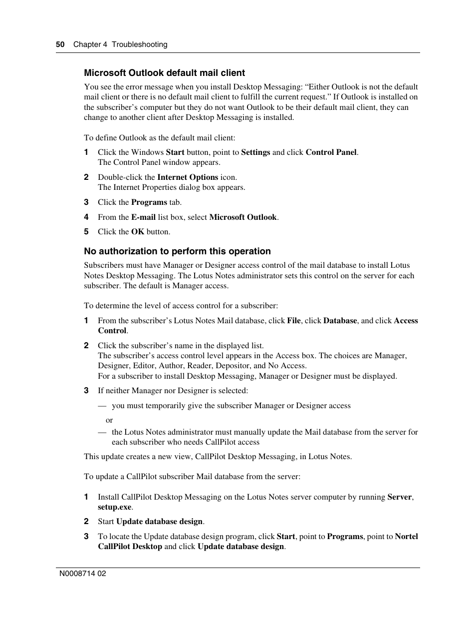 Microsoft outlook default mail client, No authorization to perform this operation | Nortel Networks CallPilot 100 User Manual | Page 50 / 68