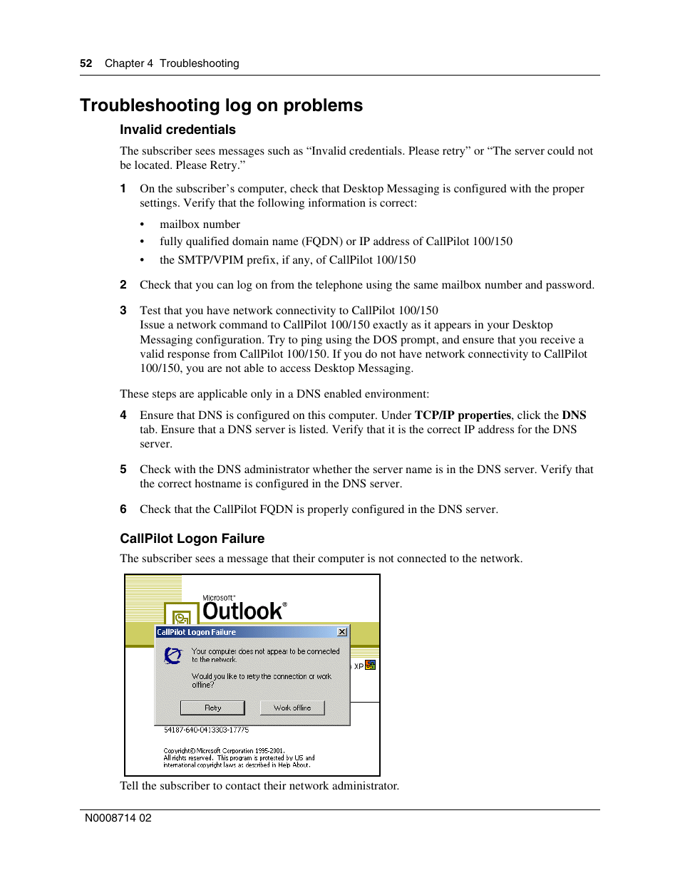 Troubleshooting log on problems, Invalid credentials, Callpilot logon failure | Nortel Networks CallPilot 100 User Manual | Page 52 / 68