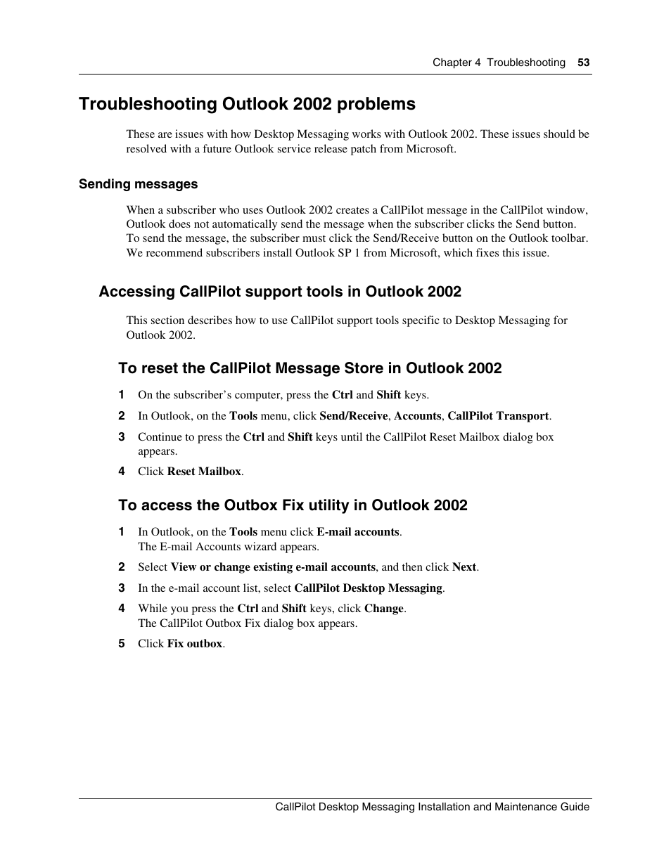 Troubleshooting outlook 2002 problems, Accessing callpilot support tools in outlook 2002 | Nortel Networks CallPilot 100 User Manual | Page 53 / 68